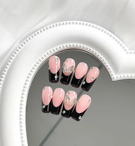 Vista 3 de 24 uñas postizas a presión de punta francesa negra, uñas postizas largas cuadradas, color rosa, cobertura completa, con diamantes de imitación, L1.