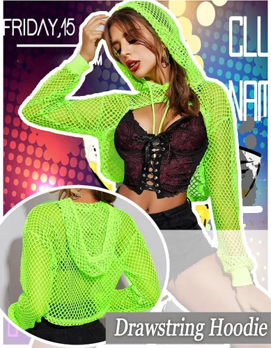 Vista 3 de Avidlove Camiseta corta de malla con capucha para mujer, camiseta de red de manga larga para festival, club, fiesta