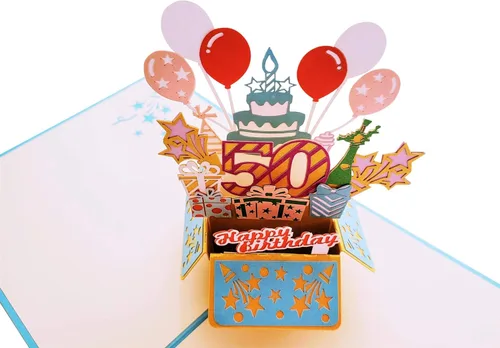 Vista 3 de iGifts And Cards Tarjeta de felicitación desplegable 3D con caja de fiesta de cumpleaños número 50 color azul – Cincuenta, impresionante, globos