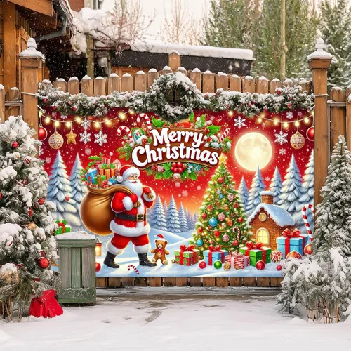 Vista 7 de HOMETITUTE Cartel de Navidad de 71 x 43 pulgadas, telón de fondo rojo de Papá Noel con árbol de regalo, decoración de nieve en trineo
