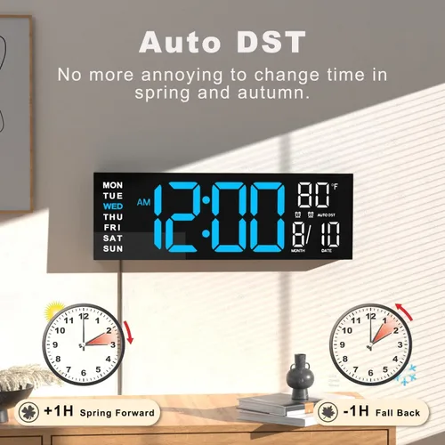 Vista 5 de JALL Reloj de pared grande de 16" digital con montaje en pared, temporizador de cuenta regresiva, alarma, LED grande, color RGB, horario de verano
