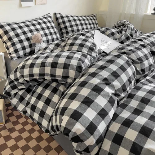 Vista 3 de DONEUS Juego de funda de edredón a cuadros 100% algodón lavado como lino súper suave y cómodo, juego de ropa de cama de 3 piezas a cuadros negros