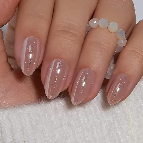 Vista 26 de CurvLife Uñas a presión con punta francesa de almendra media, color blanco Perfil luminoso
