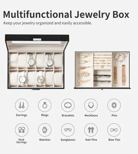 Vista 6 de Oyydecor Caja de reloj con 12 ranuras para relojes, organizador de joyas con cajón de joyas para almacenamiento y exhibición con cerradura (beige)