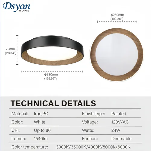 Vista 3 de Paquete de 2 lámparas de techo de montaje empotrado negro y madera, 13 pulgadas, lámpara minimalista LED regulable, accesorio de grano de madera