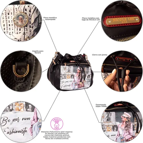 Vista 2 de Nicole Lee Sara is - Bolsa pequeña suave pero fuerte, cordón tachonado con diamantes negros y correa cruzada, 8 bolsillos, Sara es suave pero fuerte