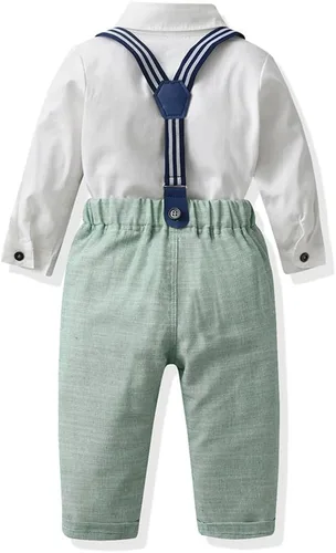 Vista 2 de IDOPIP Toddler Kids Baby Boys Formal Suit Gentleman White Shirt with Bowtie + Suspender Shorts Pants Overalls Clothes 6M-5T