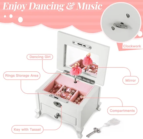 Vista 2 de Jozen Gift Joyero musical pequeño de bailarina con espejo para niñas, caja de música blanca para almacenamiento de joyas para niños, organizador