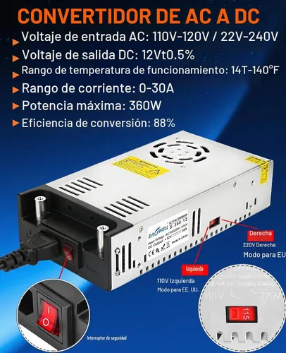 Vista 4 de EAGWELL Convertidor de 110V a 12V Fuente de alimentación de 12V 360W 30A New Version Universal Switching DC Power Supply for RV, Pump, LED Strip
