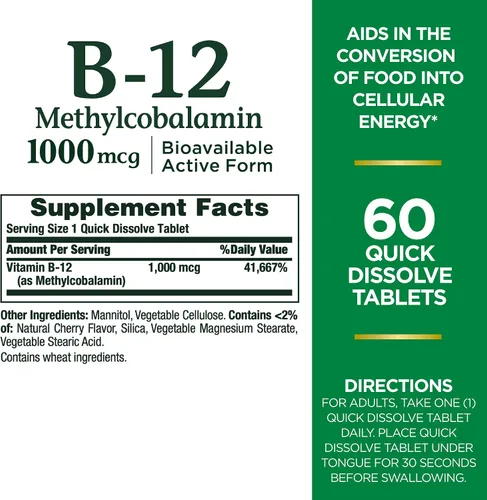 Vista 2 de Nature's Bounty Vitamina B-12 tabletas de disolución rápida, 1000 mcg, ayuda en la conversión de alimentos en energía celular, sabor a cereza, 60