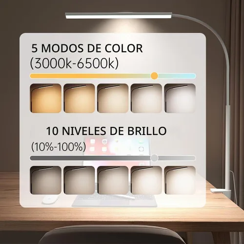 Vista 2 de Lámpara de escritorio LED con abrazadera, 5 modos de color y 10 niveles de brillo, luz de escritorio para cuidado de los ojos, cuello de cisne
