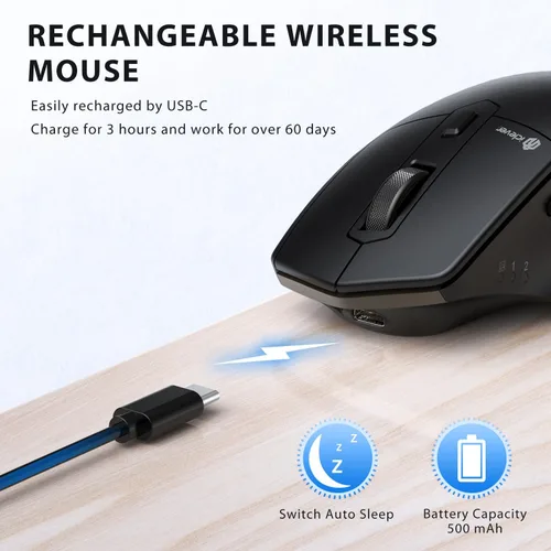 Vista 6 de iClever Ratón inalámbrico con Bluetooth o receptor USB, 5 niveles de DPI ajustables hasta 2400DPI, ratón recargable para computadora, ratón