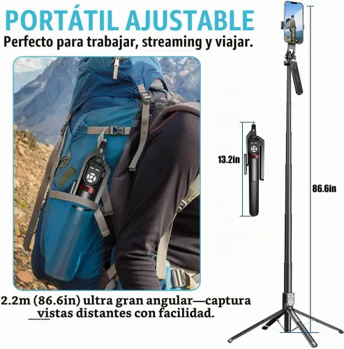 Vista 5 de Soporte extensible de 86 pulgadas con rotación de 360° para selfie y trípode con control remoto inalámbrico Bluetooth dual y 2 luces LED de relleno