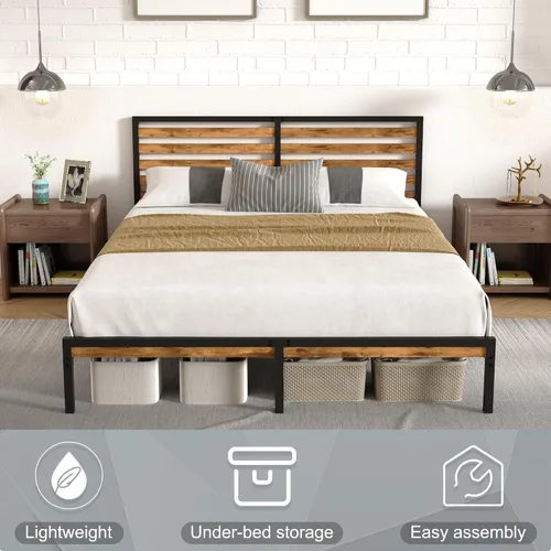 Vista 14 de Marco de cama de tamaño matrimonial con combinación de madera y metal, plataforma estable con soporte de listones de acero, cama doble, no necesita