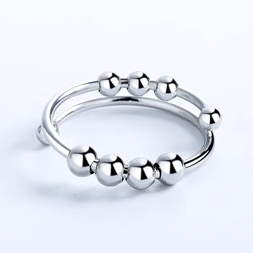 Vista 2 de Anillos giratorios ajustables de plata, anillo para aliviar la ansiedad, anillos de cuentas antipreocupaciones, regalo para mujeres, hombres y niñas
