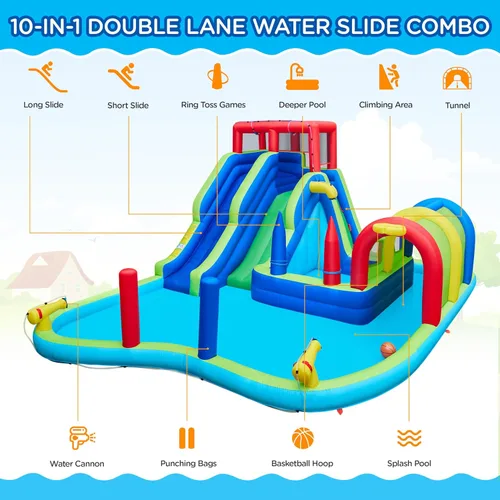 Vista 5 de Tobogán acuático inflable de Yaheetech, ventilador combinado 650W del tobogán acuático del carril doble w/Long Tunnel & Climbing Wall & Punching