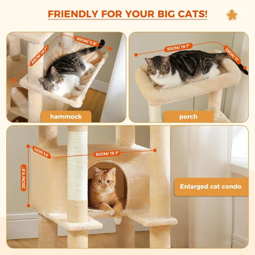 Vista 2 de PEQULTI Árbol para gatos de interior de 66 pulgadas, torre grande para gatos con poste rascador cubierto de sisal, hamaca de metal súper grande
