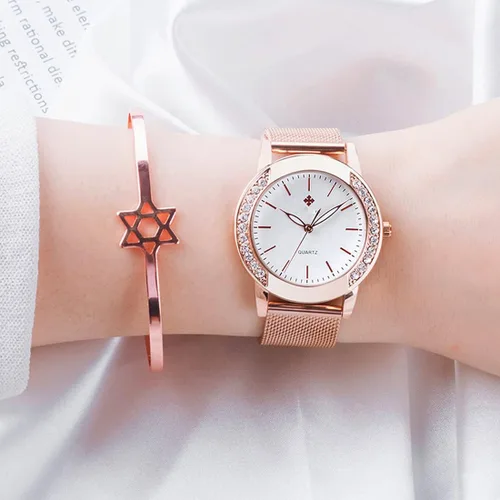 Vista 5 de Relojes de moda para mujer, reloj de pulsera de malla de acero inoxidable de oro rosa, elegante, regalo para mujer, reloj de pulsera impermeable