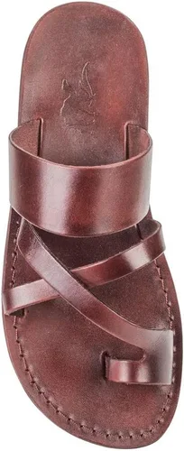 Vista 3 de Sandalias bíblicas de Jesús para hombre, cuero genuino de camello, lazo para el dedo del pie hecho a mano de Jerusalén, marrón y negro Tierra Santa