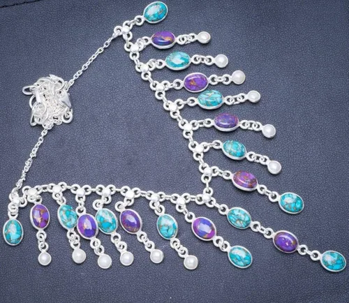 Vista 2 de Collar de plata de ley 925 hecho a mano con perlas de río y turquesa de cobre natural, 40,64 + 1.8in Y5541