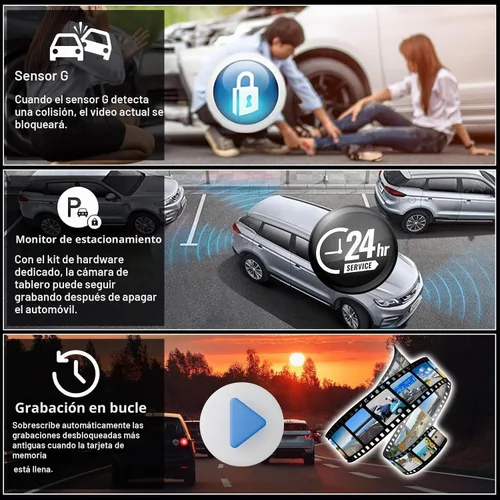 Vista 6 de Cámara de tablero WiFi de 3 canales de 9.66 pulgadas con cámara frontal y trasera, pantalla táctil IPS, triple cámara de espejo retrovisor