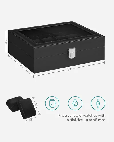 Vista 6 de SONGMICS Caja de reloj, caja de reloj de 10 ranuras con tapa de vidrio grande, almohadas extraíbles para reloj, organizador de caja de reloj, regalo