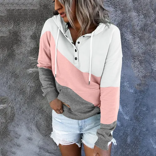Vista 4 de Sudaderas con capucha de moda con bloques de color para mujer sueltas casuales con botones manga larga con cordón con bolsillo