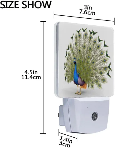 Vista 4 de Lámpara LED de luz nocturna enchufable con impresión de pavo real azul con sensor de atardecer a amanecer para dormitorio, baño, pasillo, escaleras