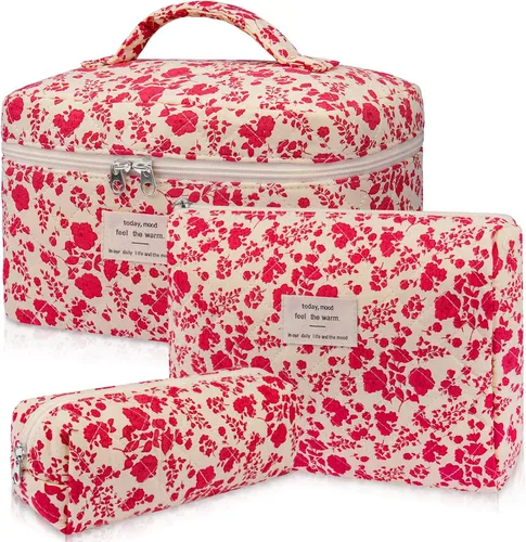 Vista 19 de Juego de bolsas de maquillaje, bolsa de maquillaje acolchada, bolsa grande para cosméticos florales para mujer, bonitas bolsas de maquillaje