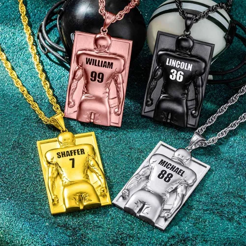 Vista 4 de AILIN Collar de fútbol personalizado para hombres, collares de latón con números personalizados para atletas de fútbol, color plataorooro rosanegro