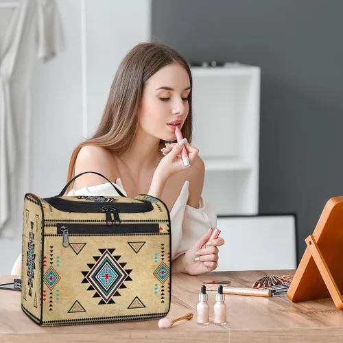Vista 6 de Neceser de viaje para mujeres y hombres, étnico azteca, bolsa organizadora de cosméticos colgante, bolsa de maquillaje portátil resistente al agua