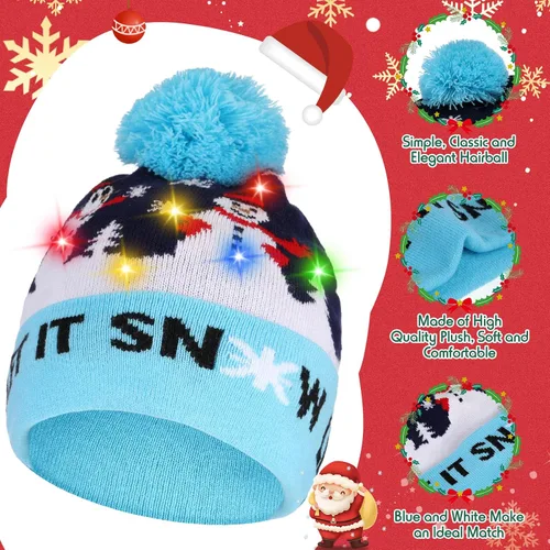 Vista 3 de 16 unidades de gorro de Navidad con luz LED, gorro feo de Navidad, gorro de punto de Navidad con luz unisex, gorro de invierno para Navidad