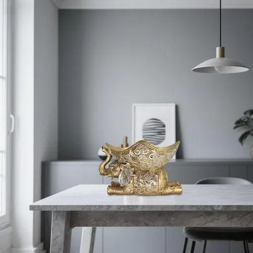 Vista 4 de Estatua de elefante con bandeja de almacenamiento, escultura de figura dorada, decoración del hogar de inspiración africana para sala de estar