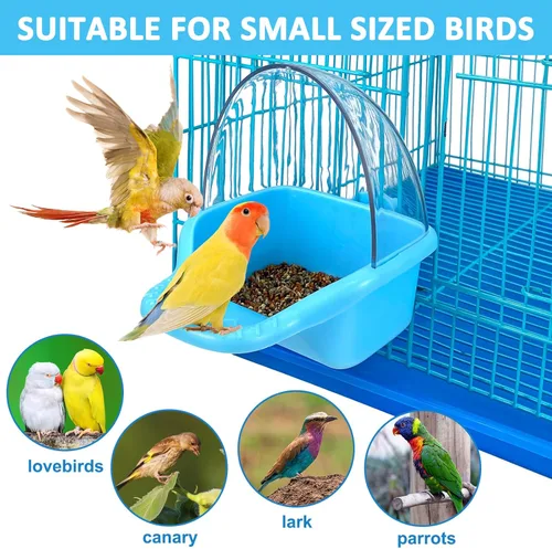 Vista 4 de Caja de baño para pájaros colgante, juguete de periquitos, bañeras enjauladas, tina de loro para ducha de agua, alimentador de alimentos, bandeja