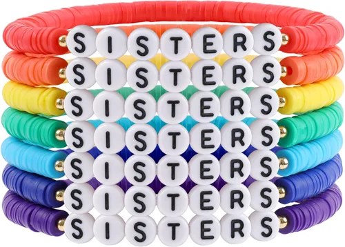 Vista 20 de Juego de pulseras heishi arcoíris estilo surfista para mujer, juego de pulseras apilables de cuentas de arcilla, pulseras elásticas con disco