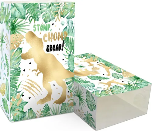Vista 2 de HaPiBiDesign 24 bolsas de regalo de dinosaurio dorado con calcomanías, bolsas de caramelos de dinosaurio, bolsas de regalo para suministros