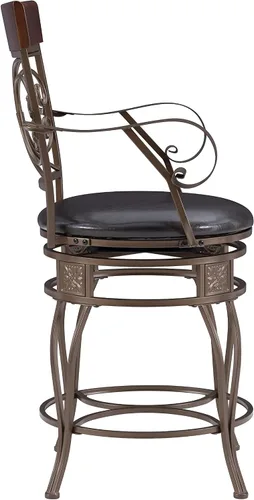Vista 12 de Powell Dayne - Taburete grande y alto de 24 asientos con brazos en metal de bronce oscuro con asiento acolchado de piel sintética marrón oscuro