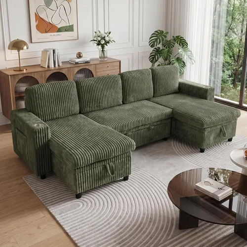 Vista 9 de Sofá cama modular de 103.5 pulgadas con cama extraíble, sofá de gran tamaño con almacenamiento, sofá modular para sala de estar, color beige Negro