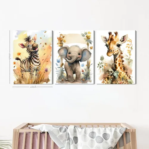 Vista 3 de Juego de 3 Arte de Pared de Animales del Bosque, Lienzo de Decoración de Pared con Imágenes de Animales Salvajes para Guardería, Lindo Póster