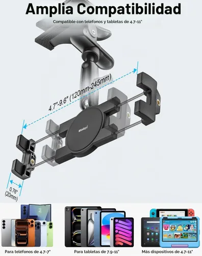Vista 7 de Soporte para tablet para visera solar de automóvil, brazo mágico de metal, soporte de tableta ajustable de 360° con abrazadera ultra estable