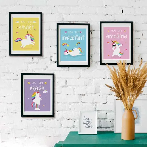 Vista 4 de IIILUYOT Juego de póster inspirador de unicornio, paquete de 4 (8 x 10 pulgadas), decoración de habitación de niñas, arte de pared para dormitorio