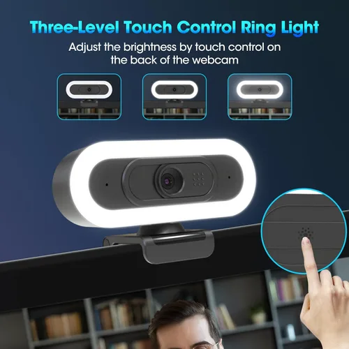 Vista 4 de Cámara web de transmisión ToLuLu 2K 50FPS, cámara web LED RGB con micrófono y luz, cámara de computadora con enfoque automático con cubierta