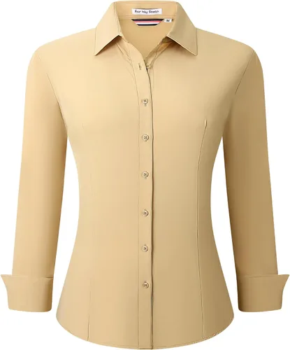 Vista 27 de Esabel.C - Camisa de trabajo con botones de manga larga para mujer, elástica, corte regular