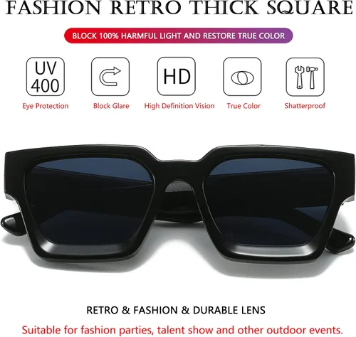 Vista 3 de AIEYEZO Gafas de sol cuadradas para mujeres y hombres, gafas de sol cuadradas con montura gruesa, estilo de diseñador simple