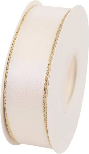 Vista 2 de ITIsparkle Cinta de satén de doble cara de 25 yardas con bordes dorados, 1 pulgada x 25 yardas, marfil