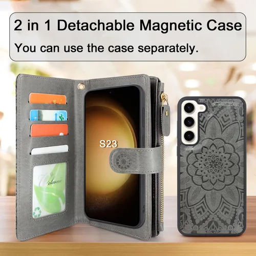 Vista 3 de Harryshell Funda de cuero desmontable con cremallera magnética con bolsillo para monedas, 12 ranuras para tarjetas, correa de muñeca para Samsung