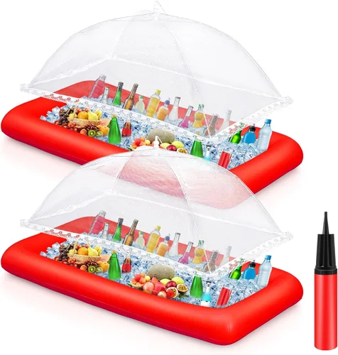 Vista 7 de Leitee - Kit de 5 barras inflables para servir con hieleras, color negro Bandeja de buffet de ensalada con tapón de drenaje, cubierta de malla