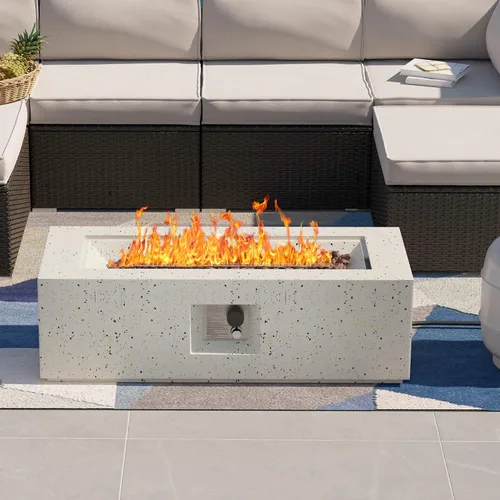 Vista 12 de SUNBURY Mesa de fuego de propano para exteriores de 42 pulgadas, mesa rectangular con tanque de 40,000 BTU, mesa de gas blanca manchada para patio