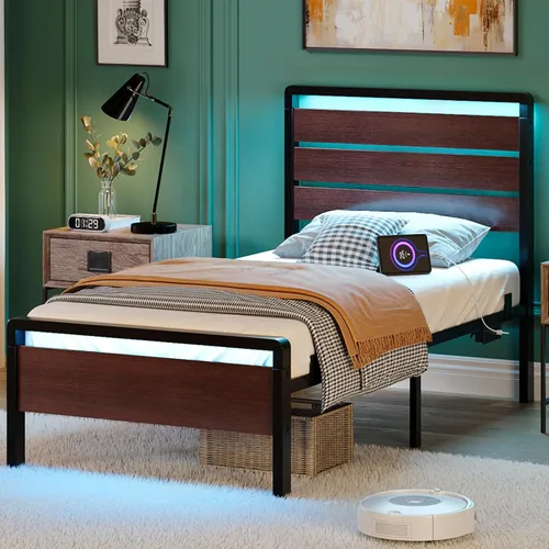Vista 12 de VINGLI Base de cama de plataforma individual con cabecero y estribo LED, estación de carga USB, cama de panel de metal con espacio de almacenamiento
