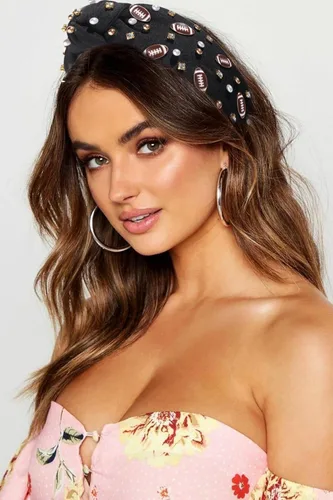 Vista 7 de Diadema de fútbol para mamá, accesorios de perlas con diamantes de imitación anudados, banda ancha para el pelo negra, diadema de nudo superior
